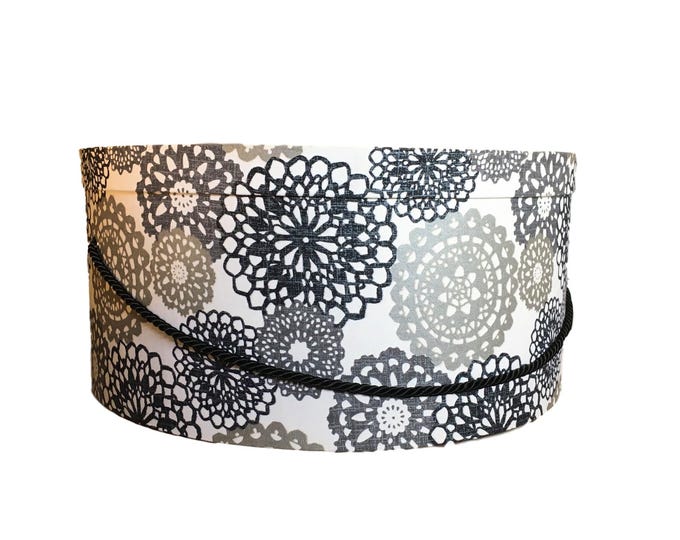 Extra Large 20”X9” Hat Box in Black, Grey, Silver on White Fabric