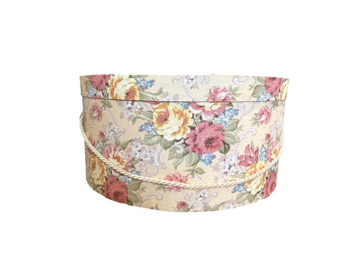 Large 17”X8” Hat Box in Pale Yellow Floral Fabric