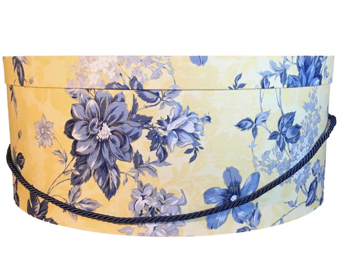 Large 16”x8” Hat Box in Blue and Yellow Floral Fabric