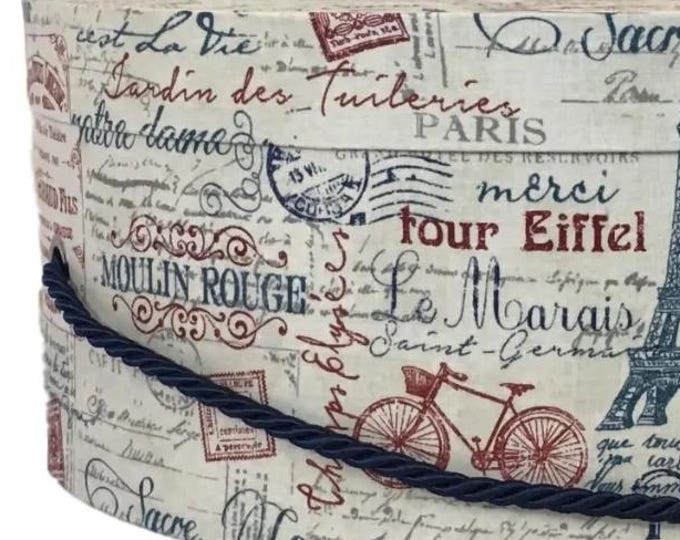 14”x6” Hat Box in Paris Themed Blue and Red on Grey Fabric