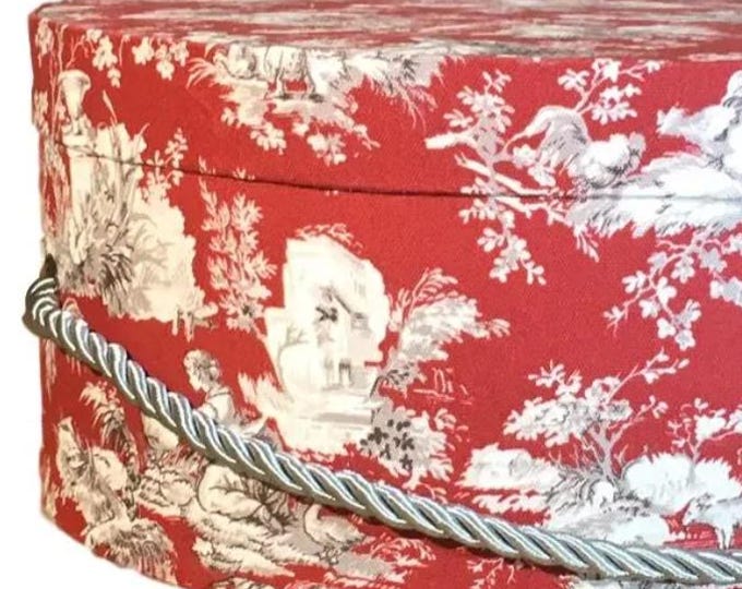 13”x7” Hat Box in Red Toile Fabric