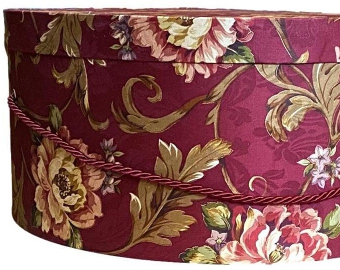 Extra Large 18”x9” Hat Box in Burgundy Floral Scroll Fabric