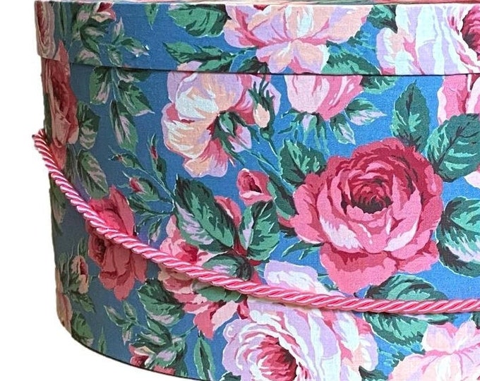 14”x6” Hat Box in Pink Roses on Blue