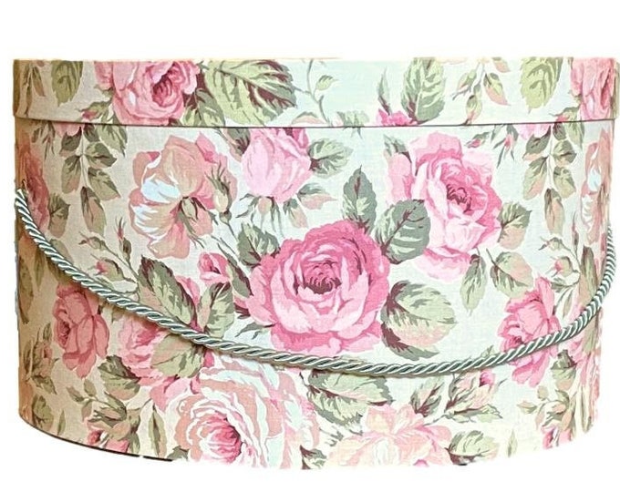Large 17”X9” Hat Box in Pink and Tan Floral Fabric