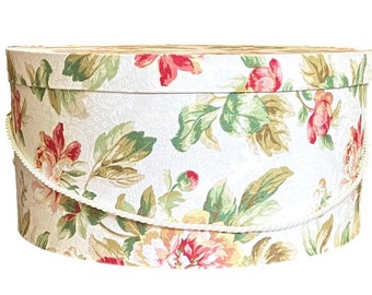 15”X7” Hat Box in Pink and Green Floral on White Fabric