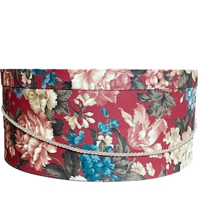 Extra Large 20”X9” Hat Box in Red, Blue, Green, Ecru Floral Fabric