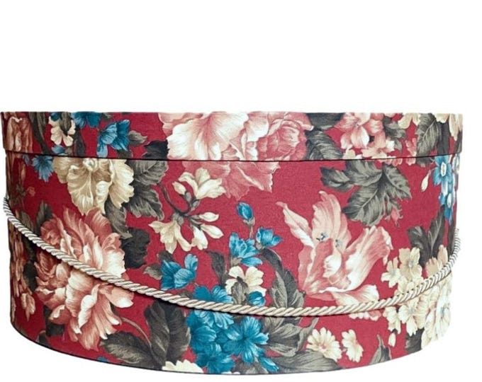 Extra Large 20”X9” Hat Box in Red, Blue, Green, Ecru Floral Fabric