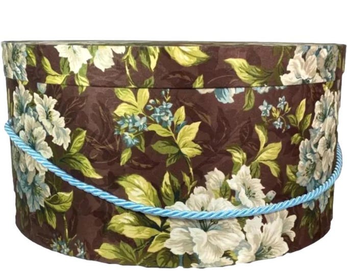 Extra Large 18”x9”  Hat Box in Dark Brown Floral Fabric