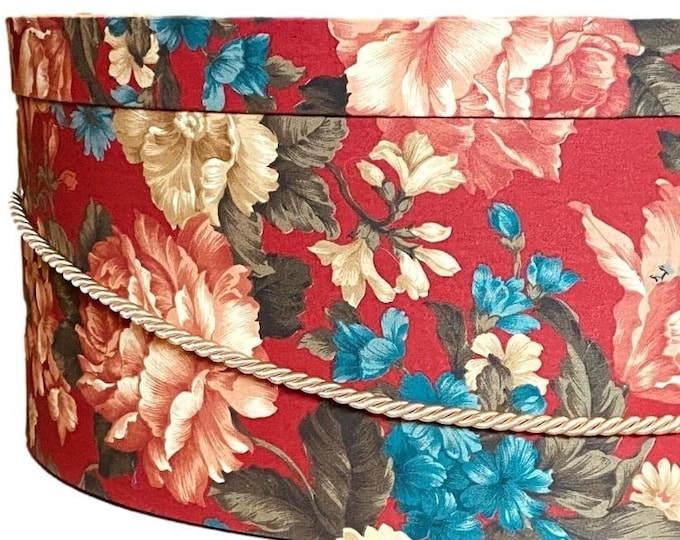 Extra Large 20”X9” Hat Box in Red, Blue, Green, Ecru Floral Fabric