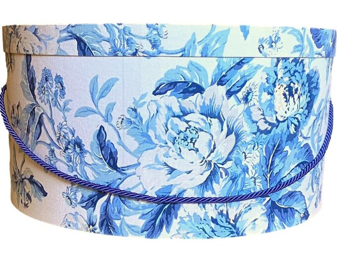 SALE!  25.00 Dollars Off of This Hat Box! Use Code MERRY25   Sale Ends 12/11  Extra Large 20”x10” Hat Box in Blue Floral on White Fabric