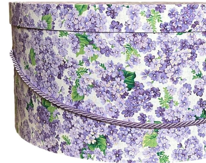 Extra Large 19”x9” Hat Box in Bright Purple and White Floral Fabric