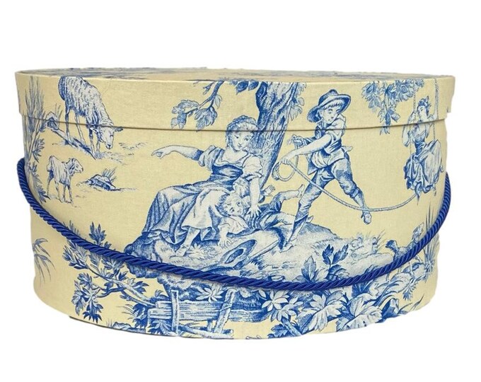 Large 17x8 Hat Box in Yellow and Blue Toile Fabric Etsy