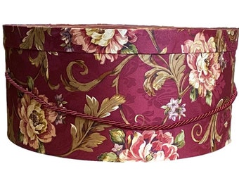 Extra Large 18x9 Hat Box in Burgundy Floral Scroll Fabric 