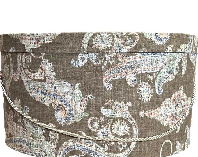 Extra Large 20”X10” Hat Box in Colorful Cream Scroll on Brown Fabric