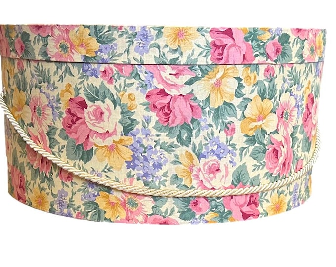 Large 16”x8”  Hat Box in Yellow and Pink Floral Fabric
