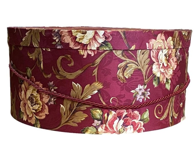 Large 16”x7” Hat Box in Burgundy Floral Scroll Fabric