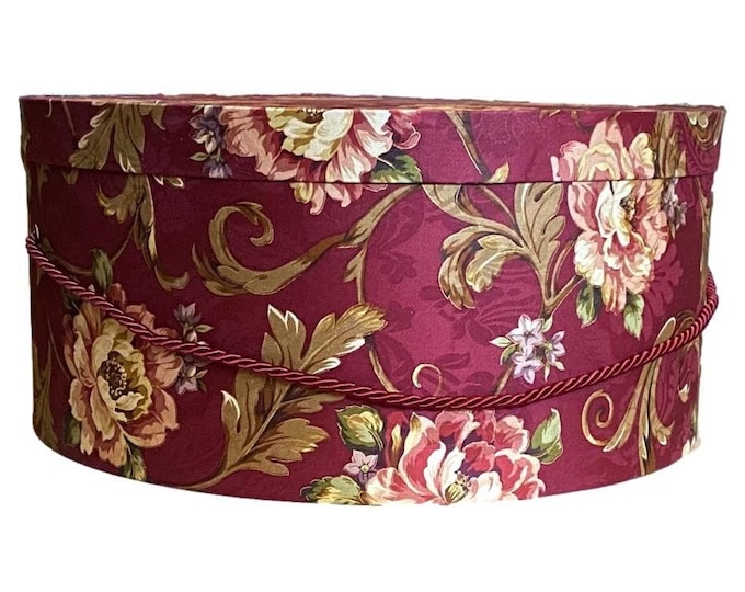 Large 16”x7” Hat Box in Burgundy Floral Scroll Fabric
