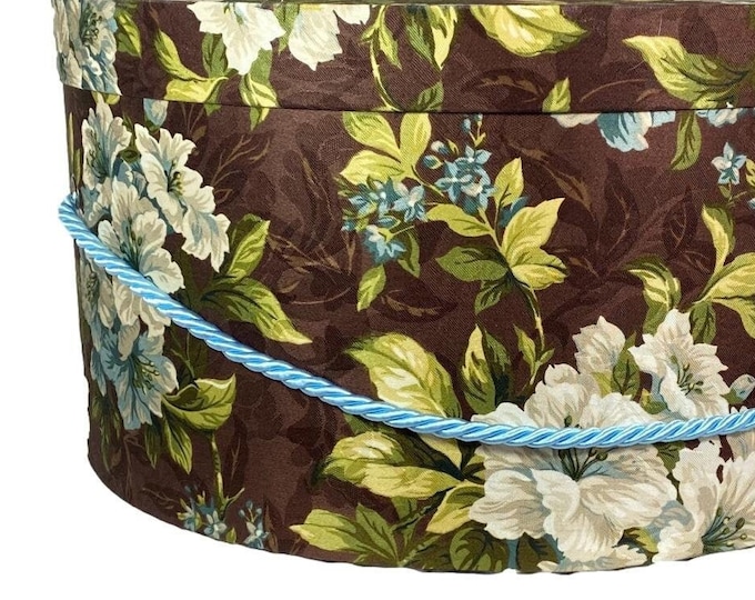 Extra Large 18”x9”  Hat Box in Dark Brown Floral Fabric