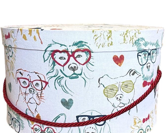 14”x8” Hat Box in Whimsical Dogs Wearing Glasses Fabric