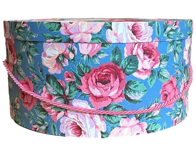 Extra Large 18”X9” Hat Box in Pink Roses on Blue