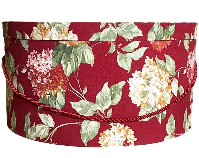 SALE!  25.00 Dollars Off of This Hat Box! Use Code MERRY25   Sale Ends 12/11  Extra Large 18”x9” Hat Box in Red and Yellow Floral Fabric