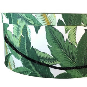 20”X9”  Hat Box in Tropical Palm Leaves on White Fabric