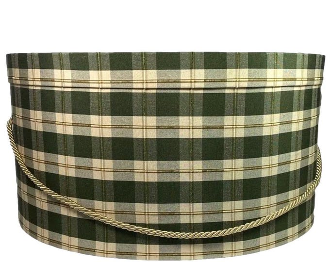 18”x9” MEN'S Hat Box in Green and Tan Plaid Fabric