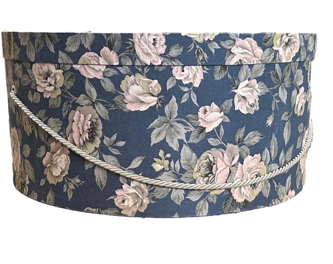 Extra Large 20”X9” Hat Box in Navy with Tan Roses Floral Fabric