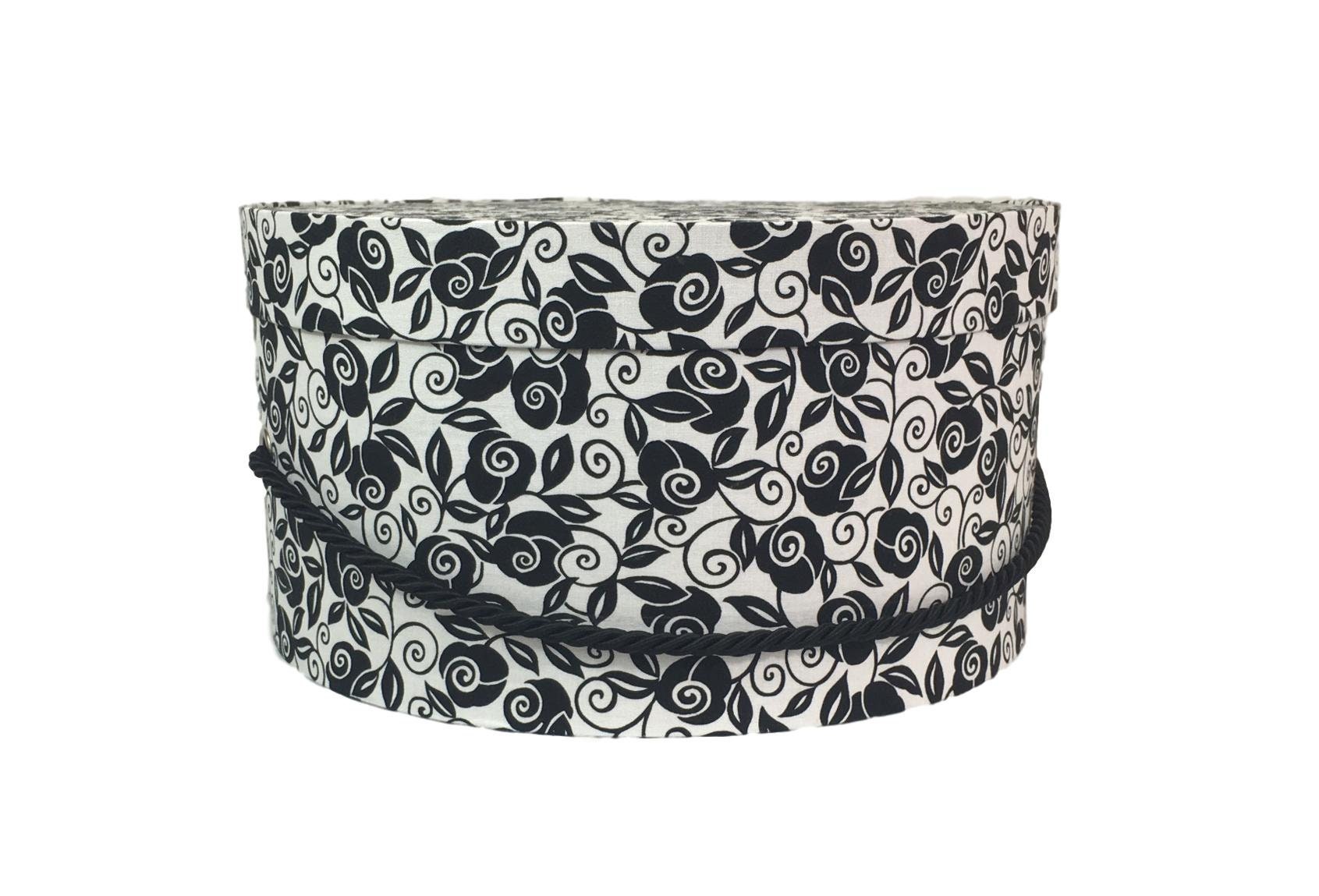 12” Hat Box in Black and White Floral Scroll Fabric