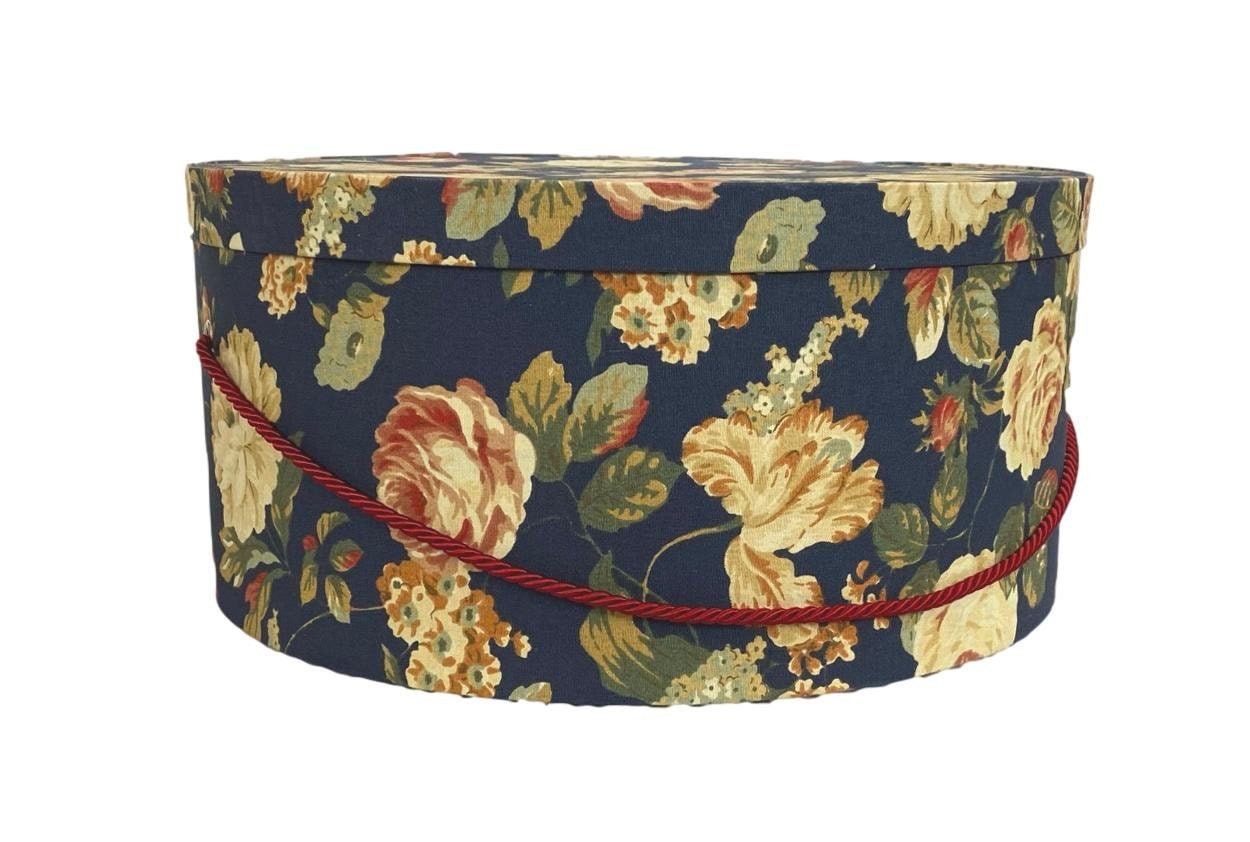 Extra Large 20” Hat Box in Navy and Red Floral Fabric