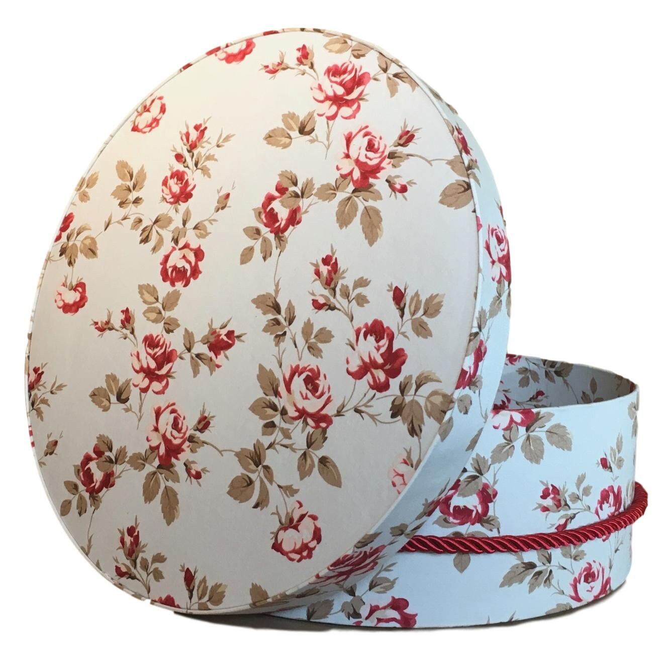 14” Hat Box in Red Roses on Pale Blue Gray Fabric