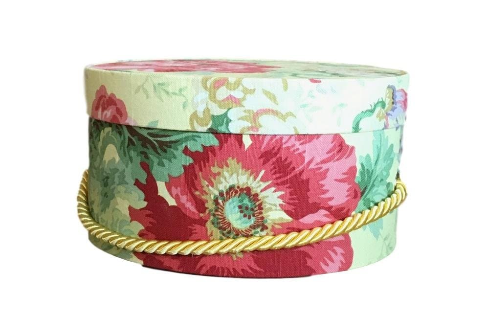 10” Small Hat Box in Red Floral on Yellow Fabric