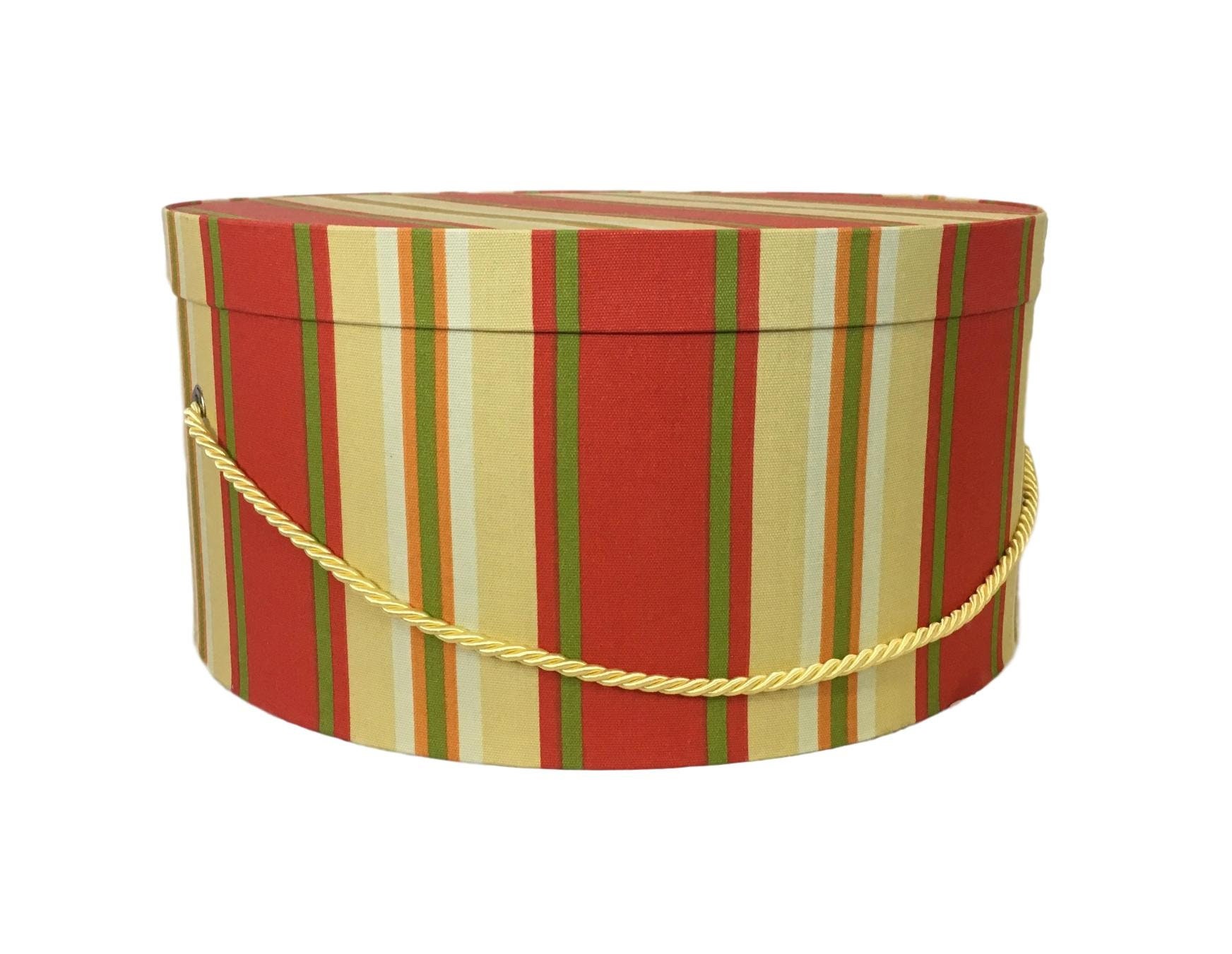 Large 17”x9” Hat Box in Coral, Yellow, and Green Stripe Fabric