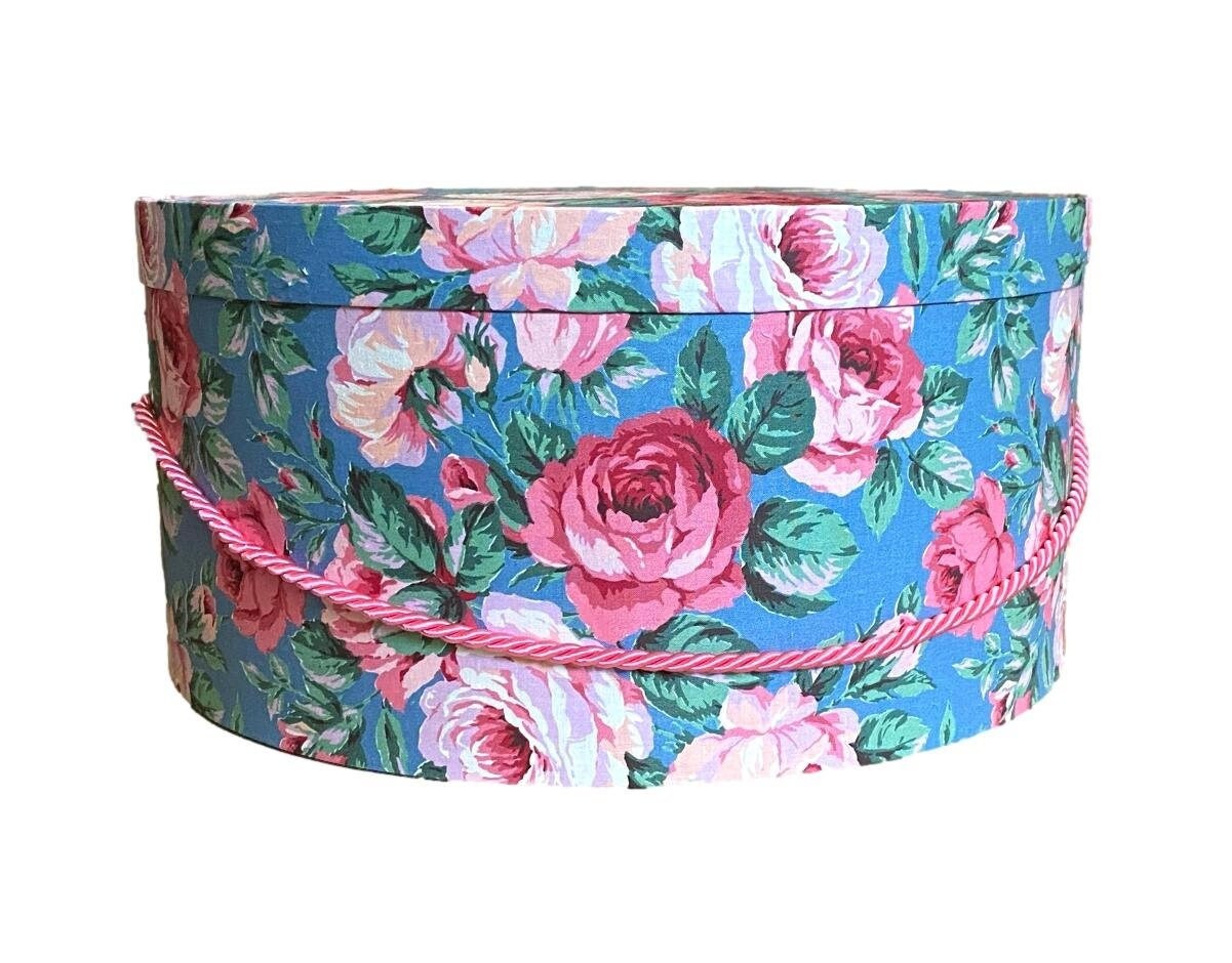 Large 16 X8 Hat Box in Pink Roses on Blue
