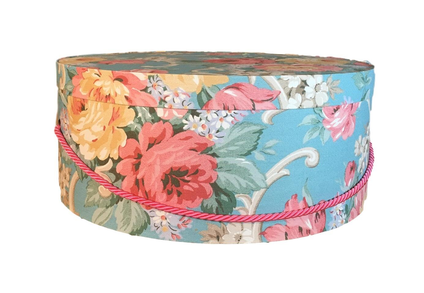 Extra Large 18” Hat Box in Blue and Pink Floral Fabric