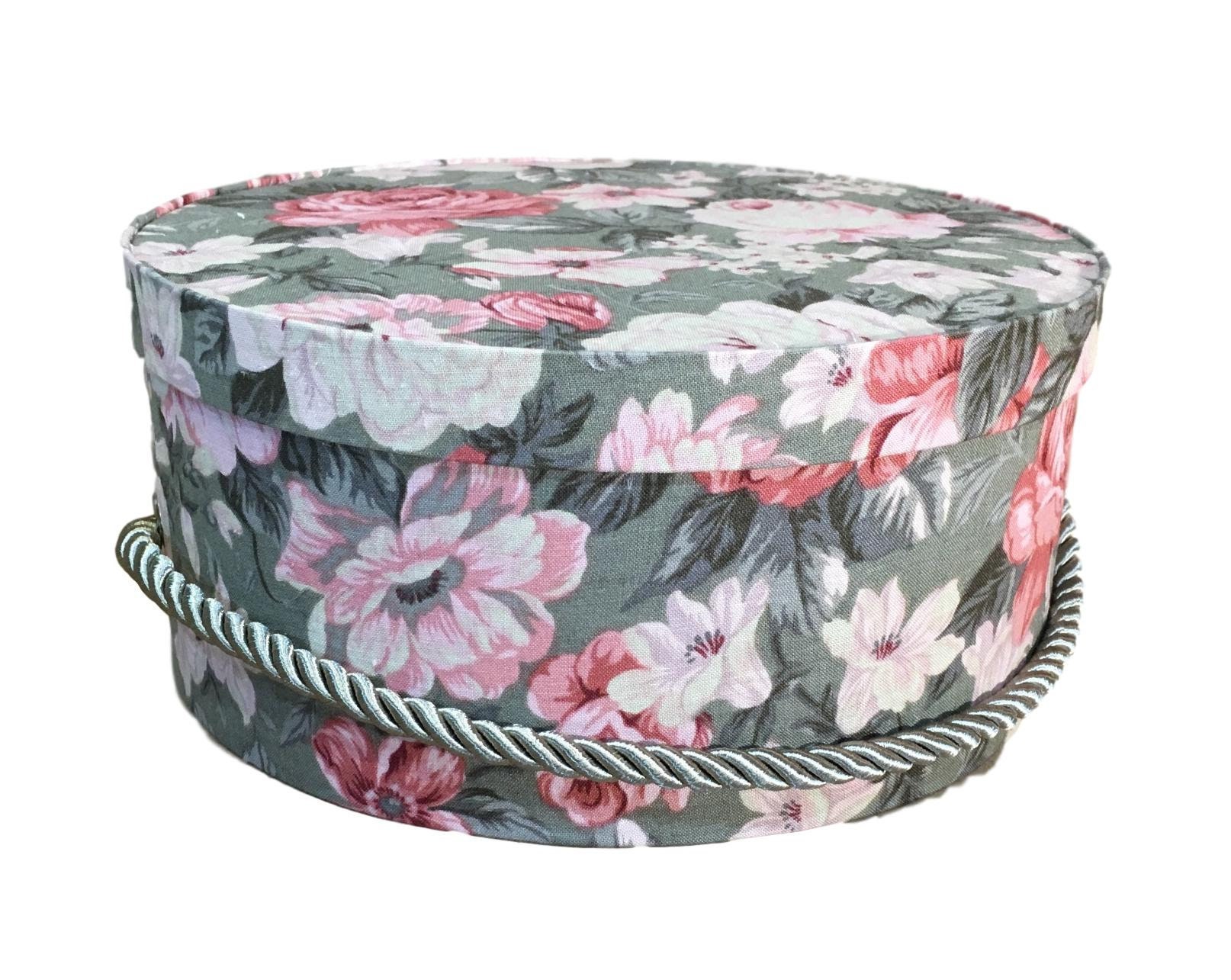 Small 10” Hat Box in Pink Floral on Green Fabric