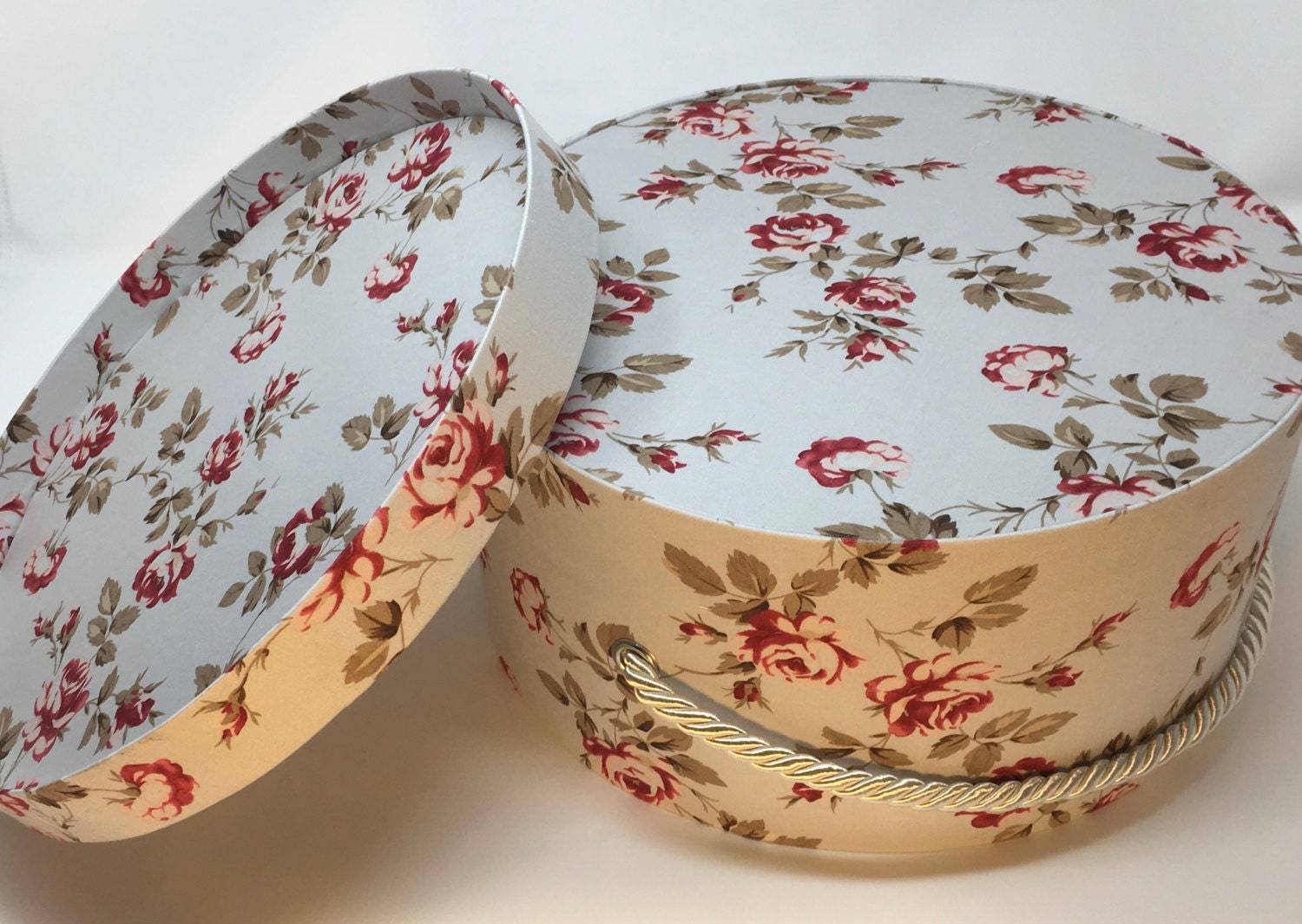 Hat Box in Red Roses on Pale Blue, Large Decorative Fabric Covered Hat