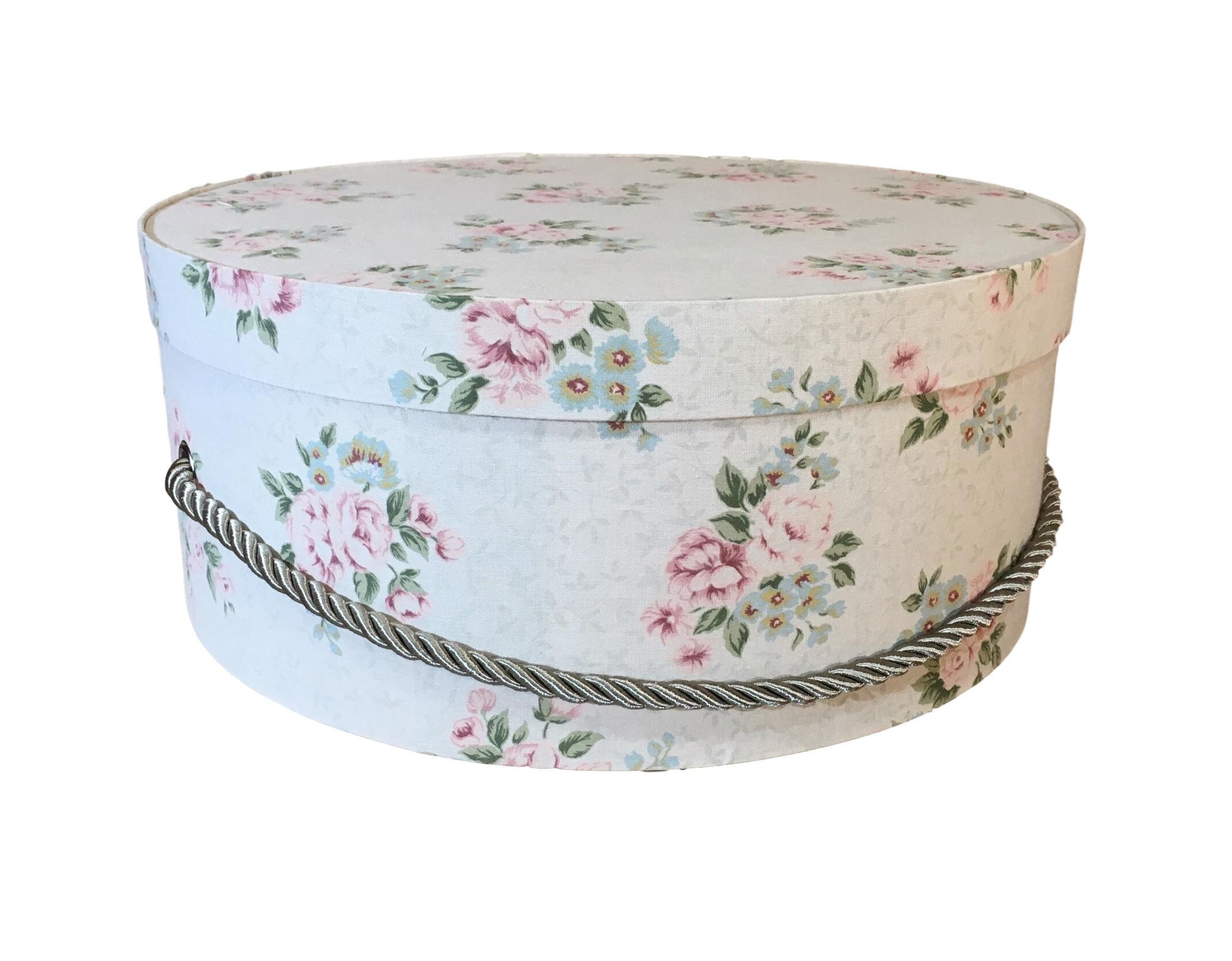 Large 15” Hat Box in Vintage Floral Fabric, Decorative Fabric Covered