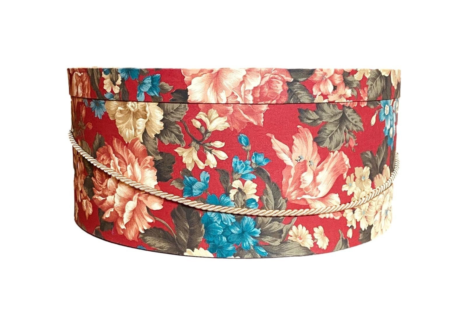 Extra Large 20”X9” Hat Box in Red, Blue, Green, Ecru Floral Fabric