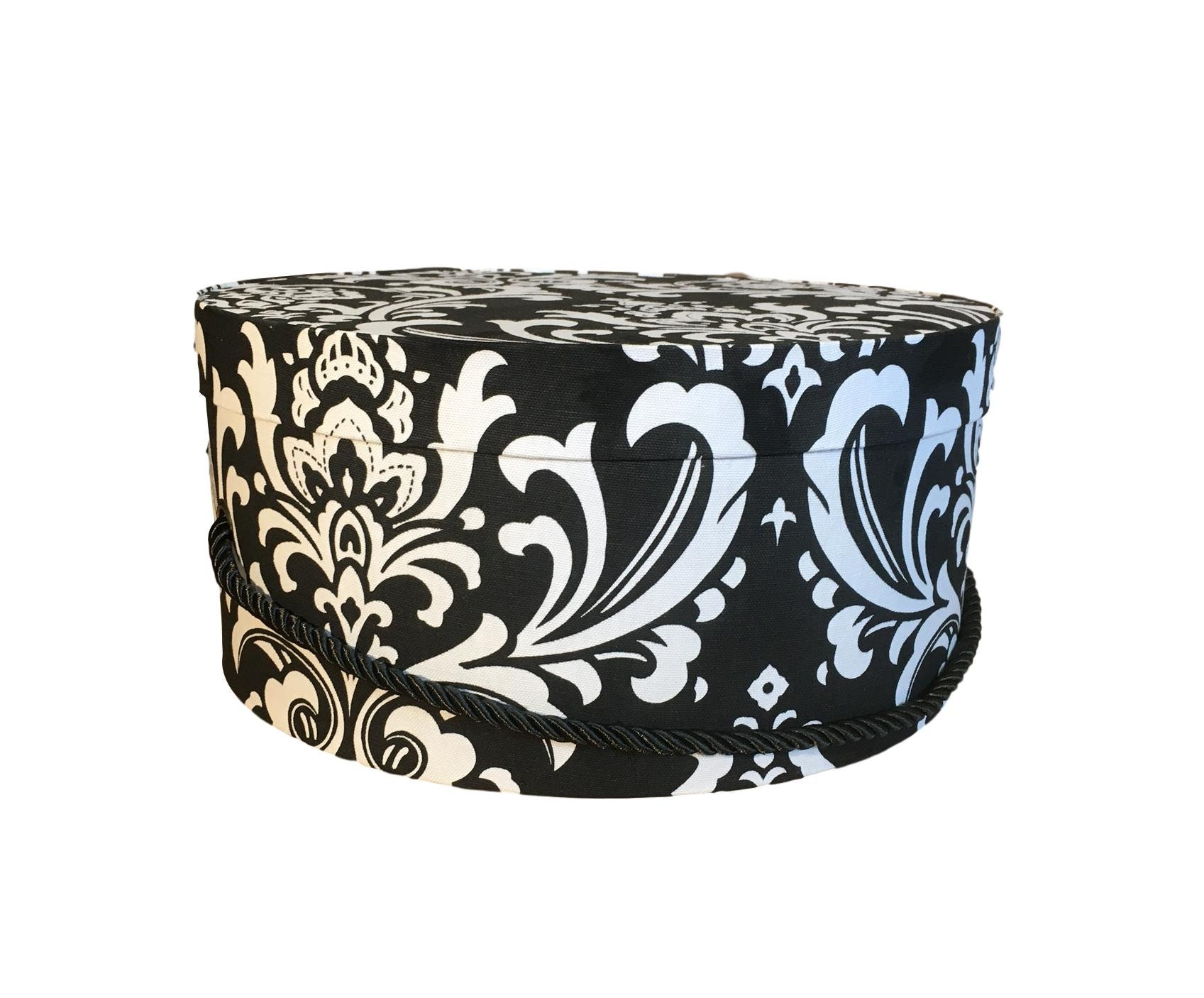 14” Hat Box in Black and White Damask, Decorative Fabric Covered Hat