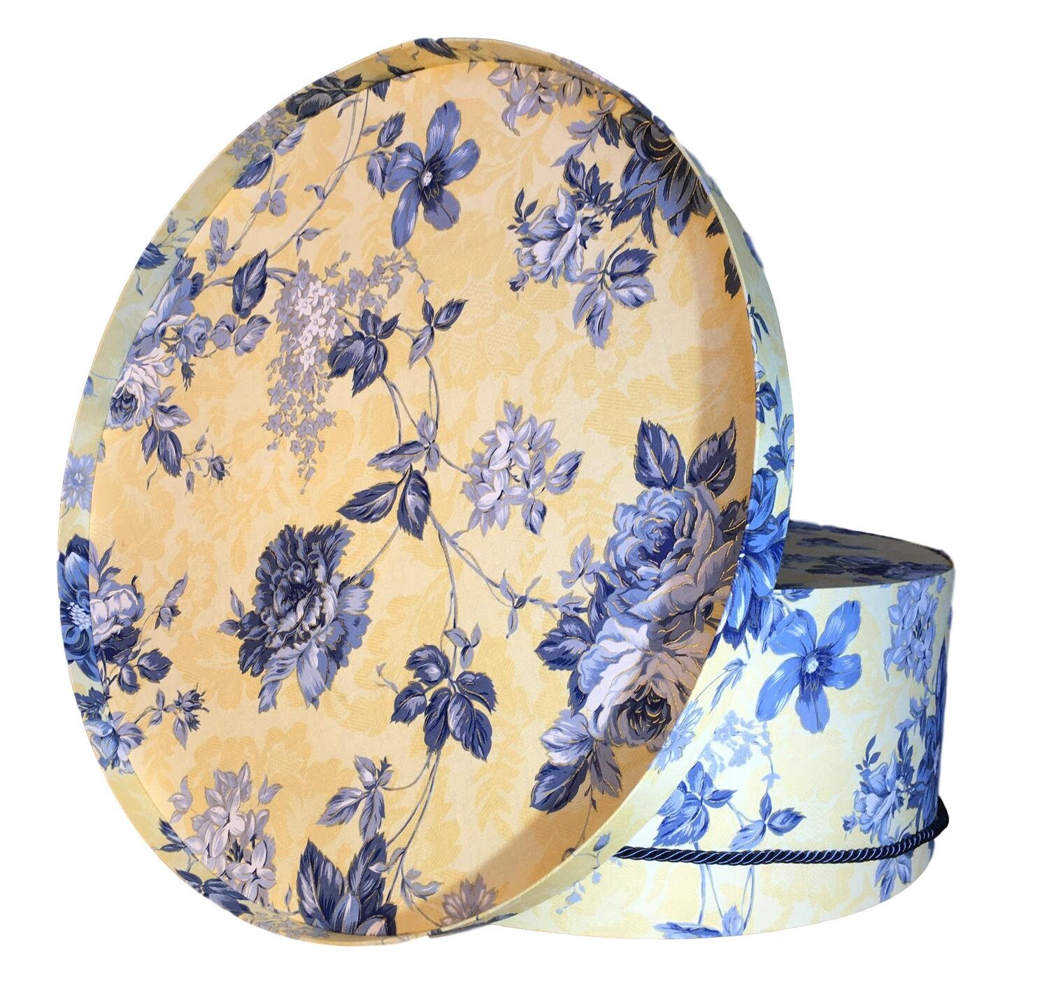 Extra Large 18” Hat Box in Yellow and Blue Floral Fabric