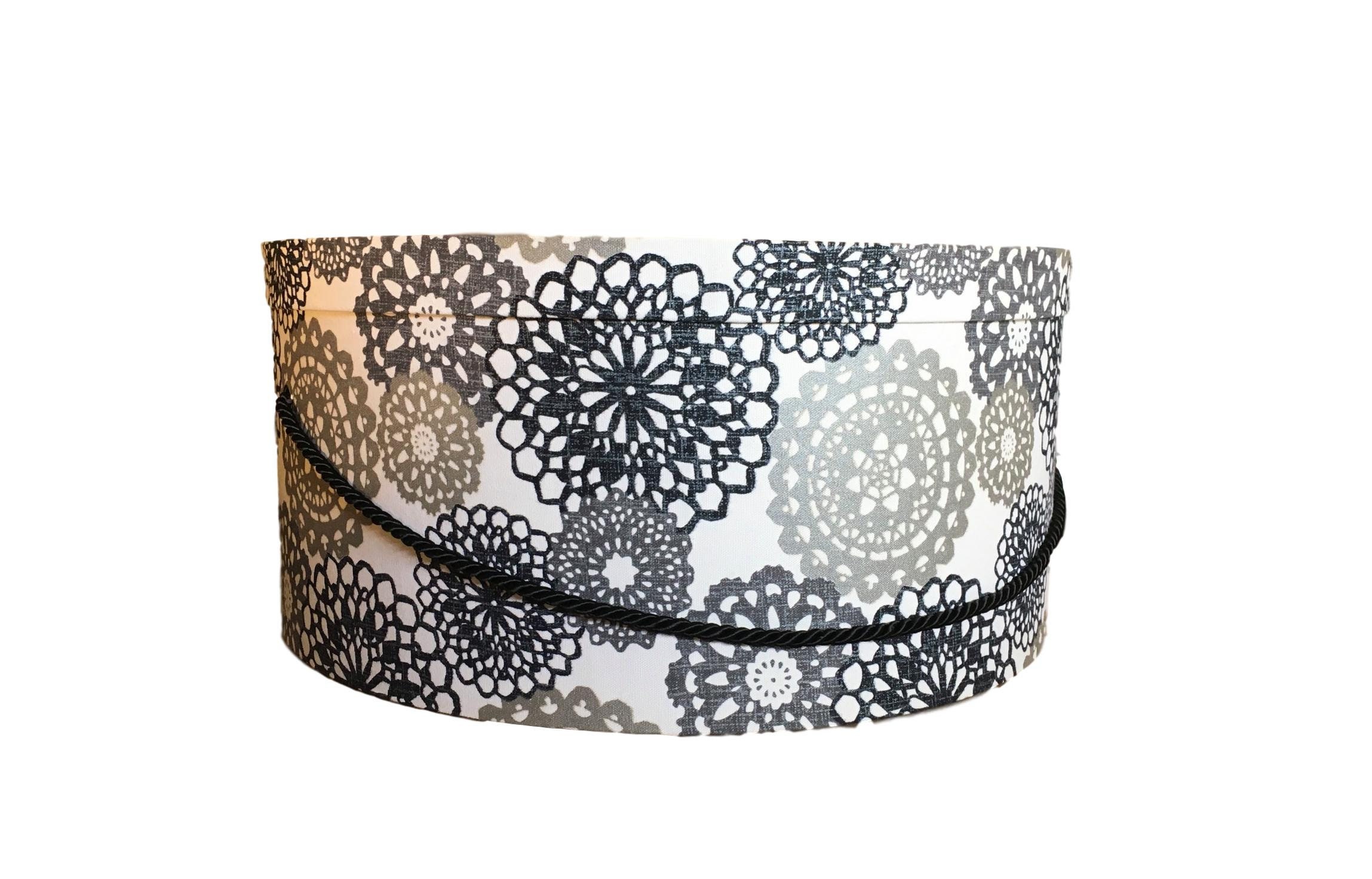 Extra Large 20” Hat Box in Black Silver and White Fabric