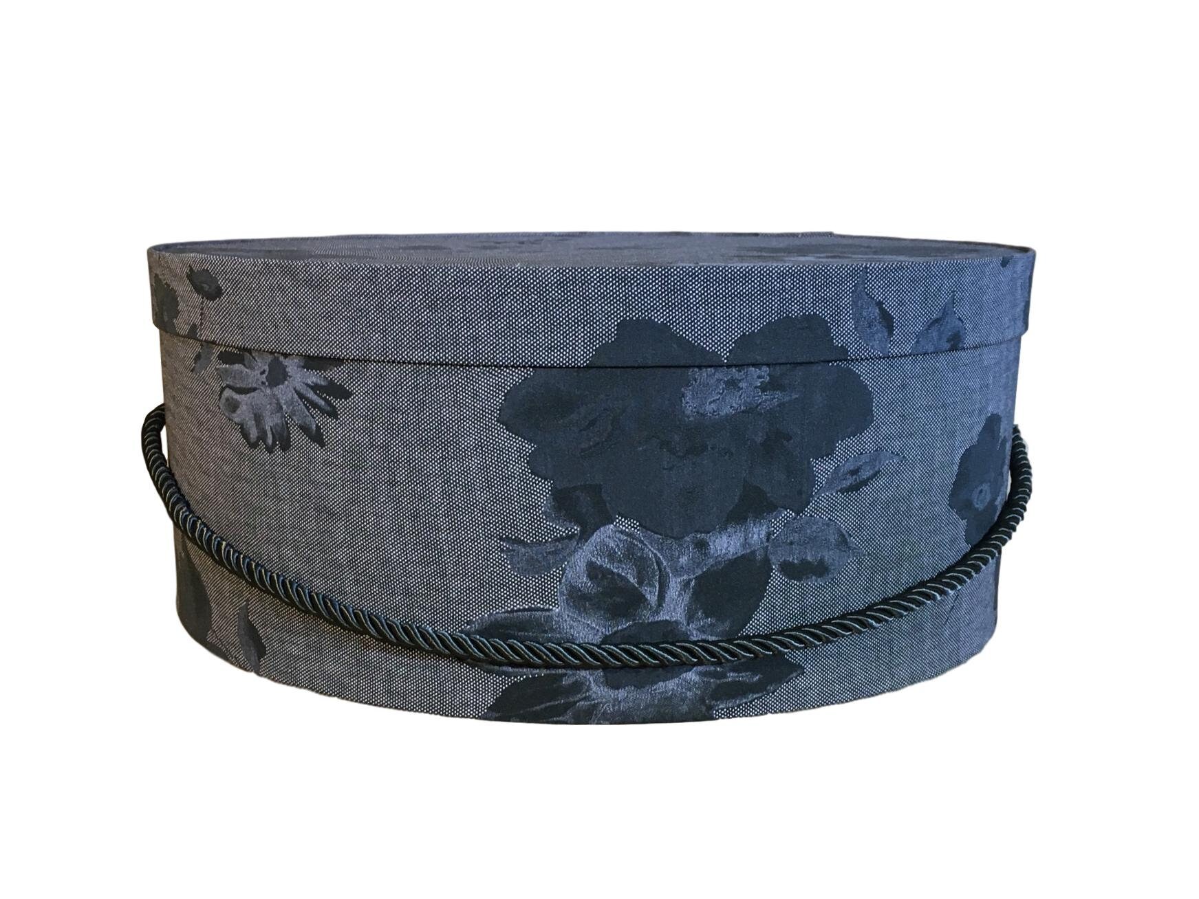 Extra Large 18” Hat Box in Black on Grey Floral Fabric