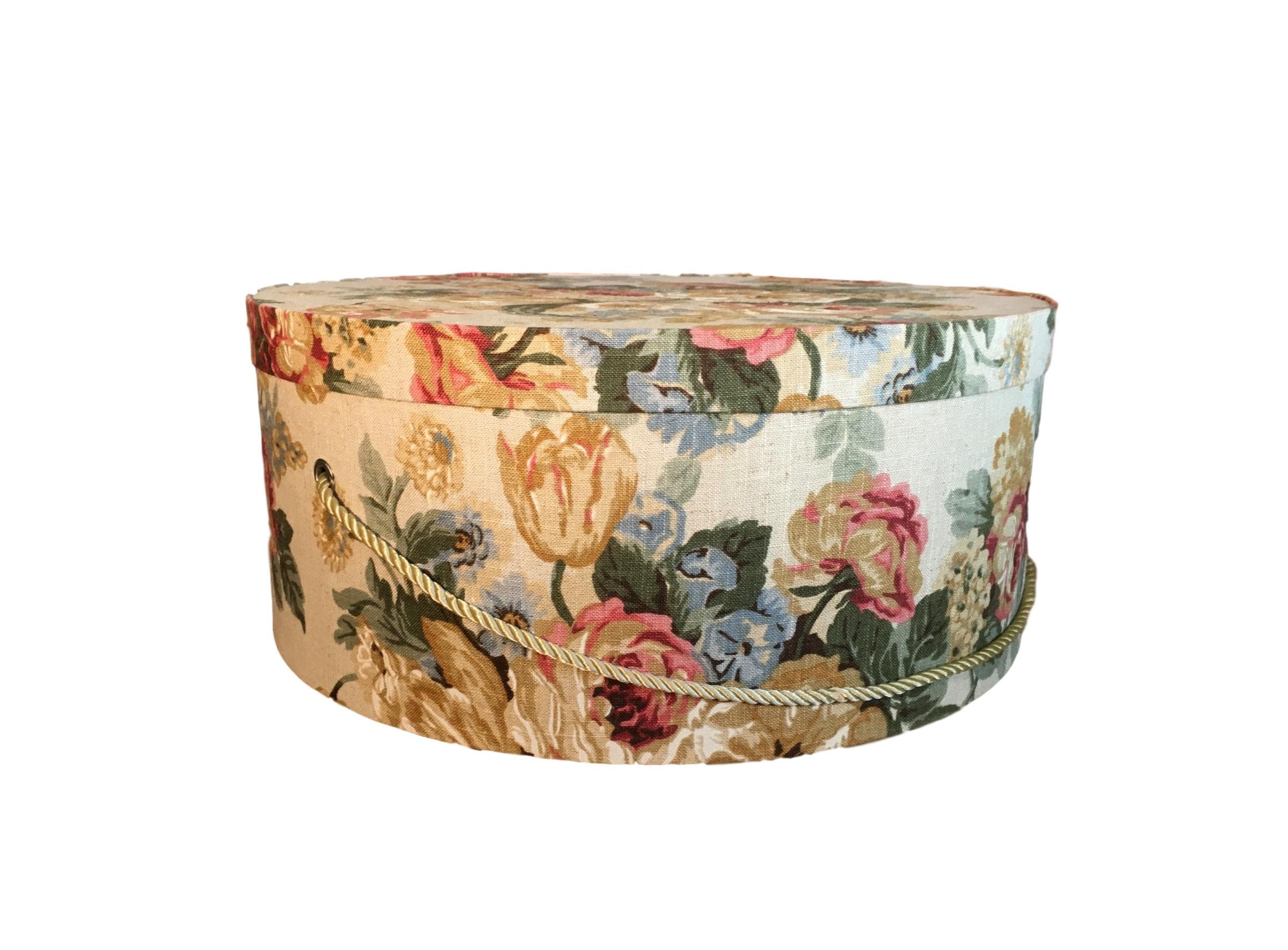 Extra Large 20” Hat Box in Tan Floral Fabric Round Box, French Cottage