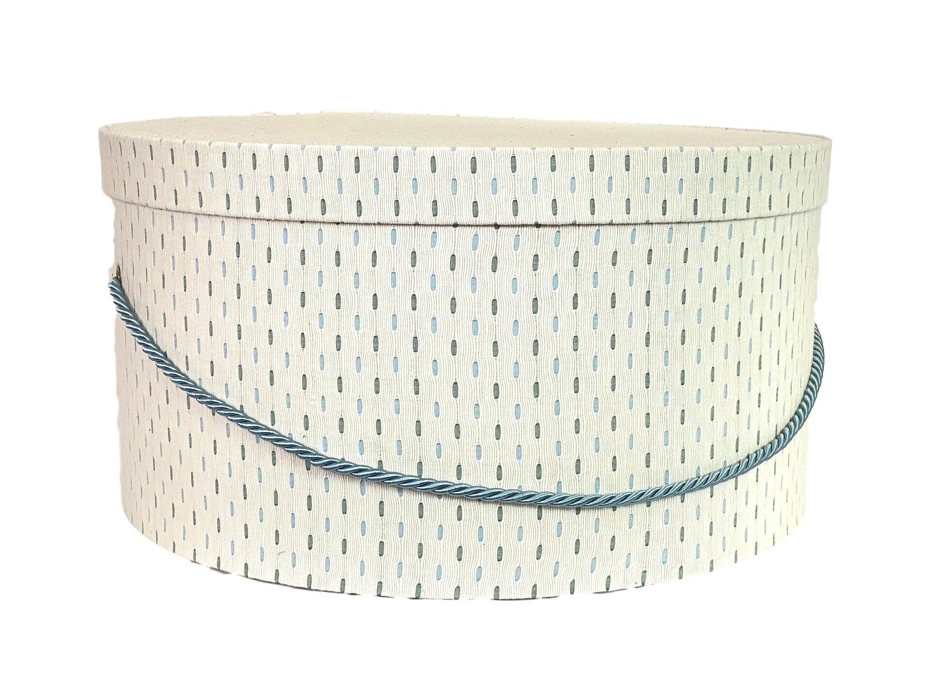 Extra Large 18” Hat Box in White with Blue and Green Dots Fabric