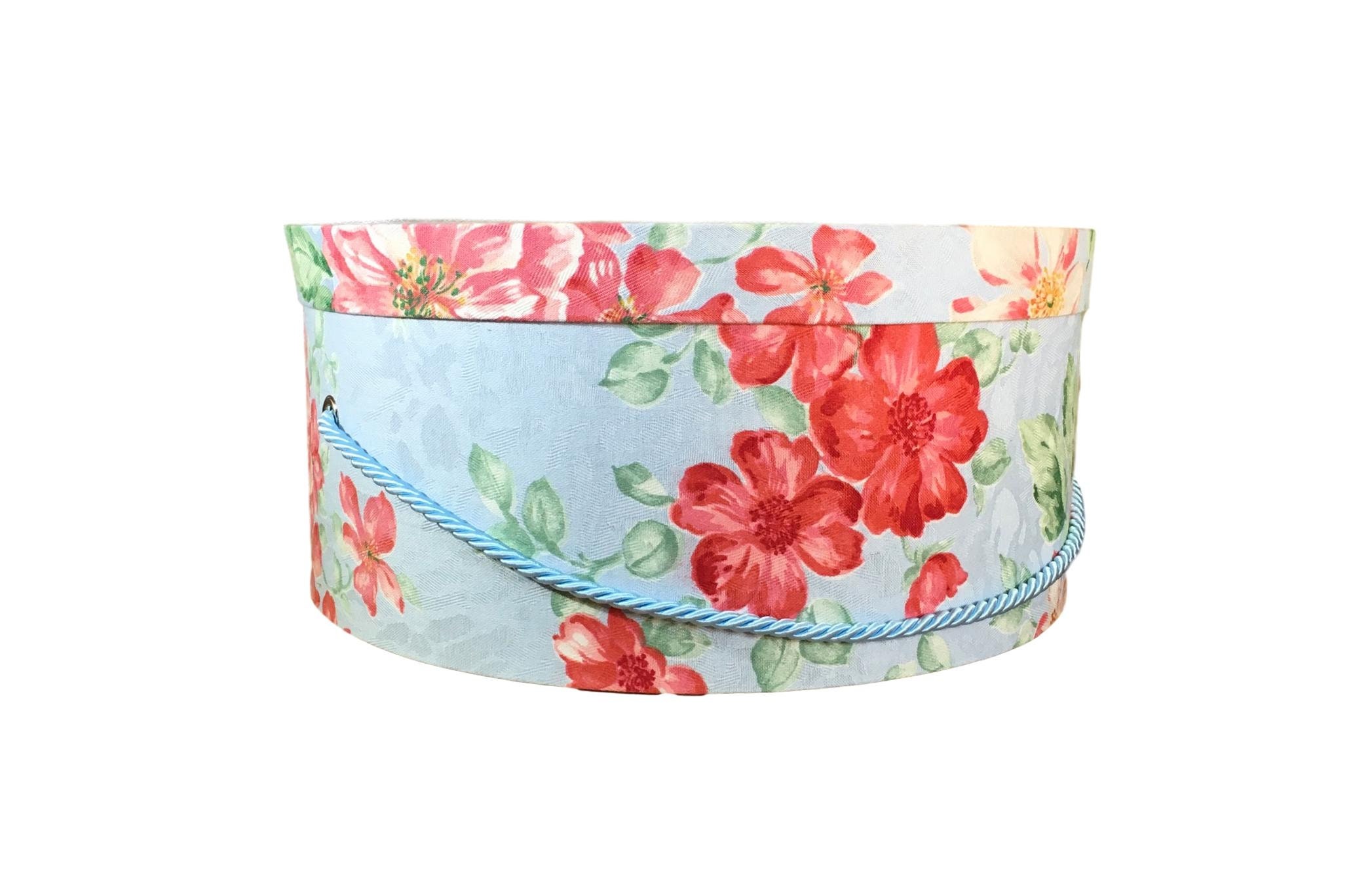 Large 16” Hat Box in Pretty Light Blue Floral Fabric