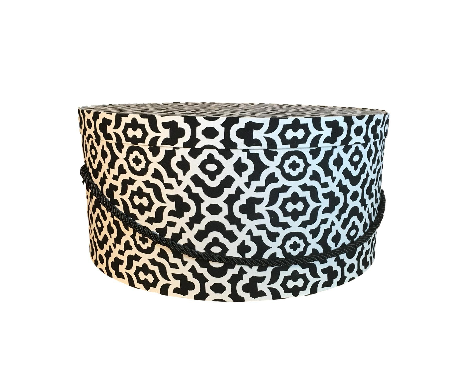 Extra Large 19” Hat Box in Black and White Trellis Fabric