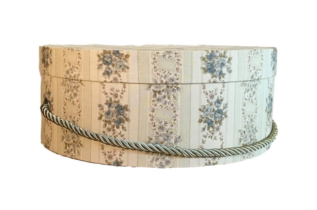14” Hat Box in Tan, Olive and Purple Floral, Decorative Fabric Covered