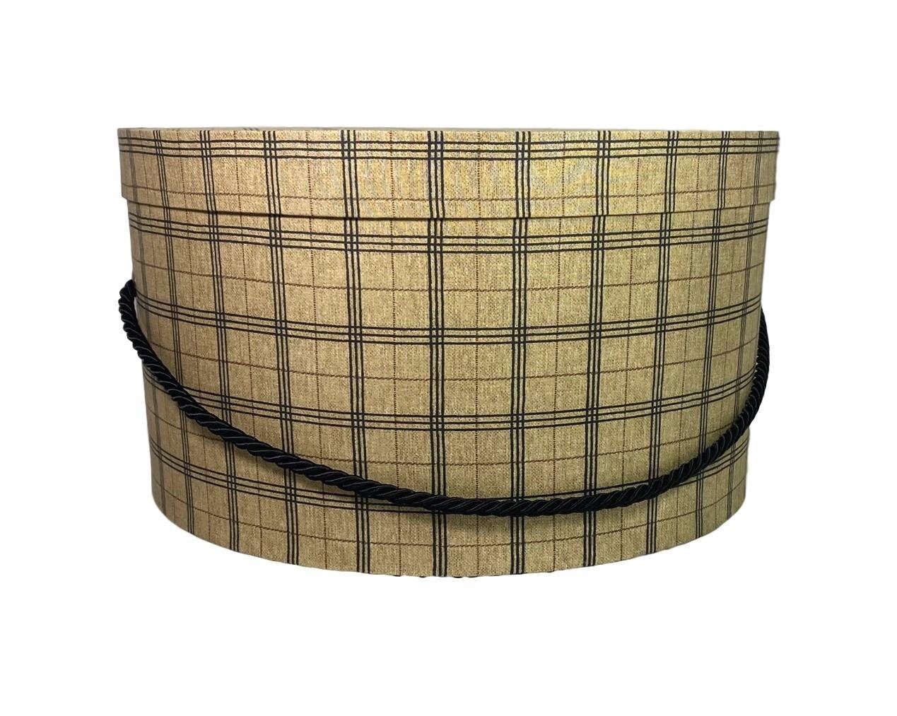 15” Men’s Hat Box in Tan and Black Plaid Fabric