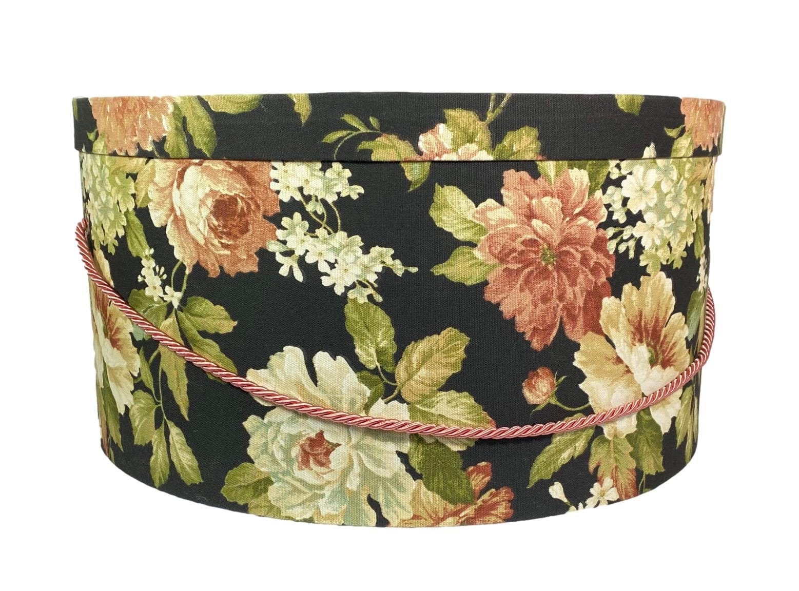 Extra Large 20x10 Hat Box in Pink Floral on Black Fabric 